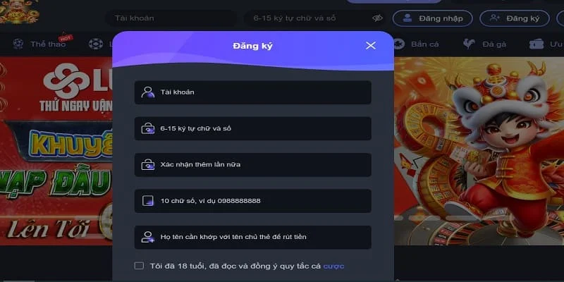 Điền đầy đủ thông tin vào hộp thoại để đăng ký mở tài khoản LUCK thành công Điền đầy đủ thông tin vào hộp thoại để đăng ký mở tài khoản LUCK thành công